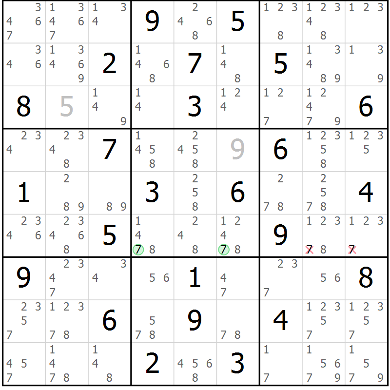 Position des candidats pour la solution de la Gr 42 page 45 du magazine de sudoku Maestro n° 099