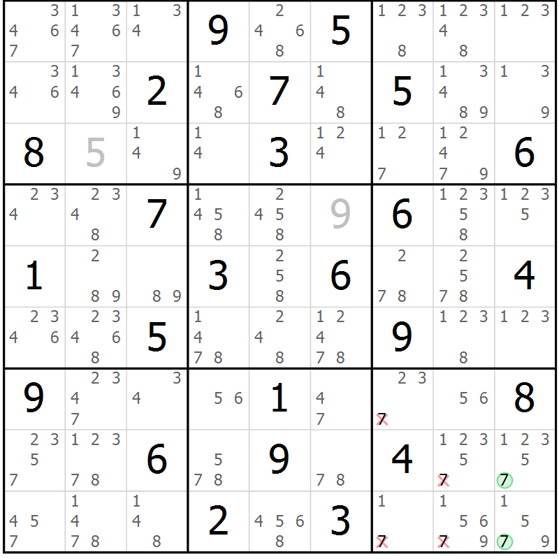 Position des candidats pour la solution de la Gr 42 page 45 du magazine de sudoku Maestro n° 099