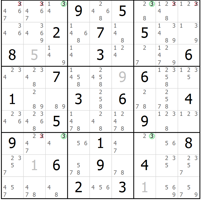 Position des candidats pour la solution de la Gr 42 page 45 du magazine de sudoku Maestro n° 099