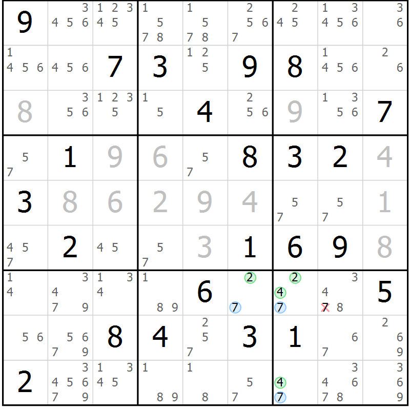 Position des candidats pour la solution de la Gr 43 page 46 du magazine de sudoku Maestro n° 099