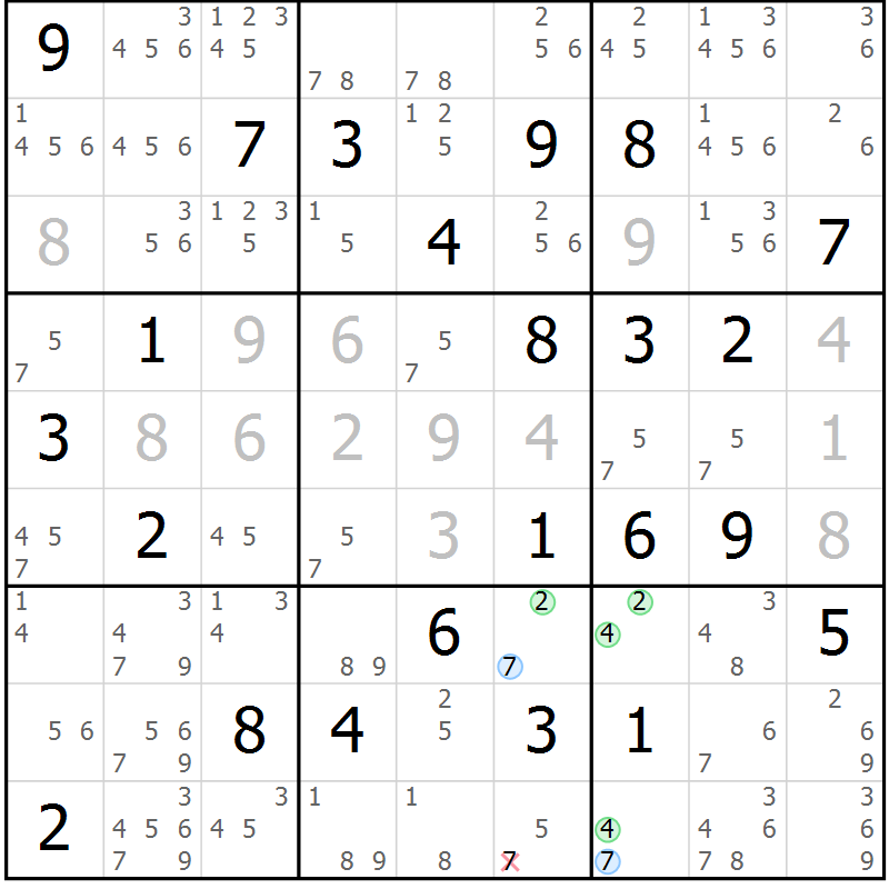 Position des candidats pour la solution de la Gr 43 page 46 du magazine de sudoku Maestro n° 099