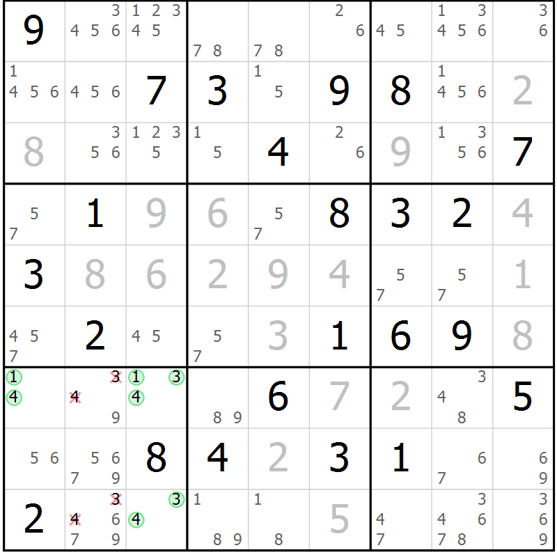 Position des candidats pour la solution de la Gr 43 page 46 du magazine de sudoku Maestro n° 099