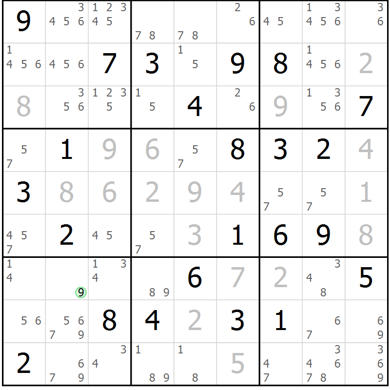 Position des candidats pour la solution de la Gr 43 page 46 du magazine de sudoku Maestro n° 099