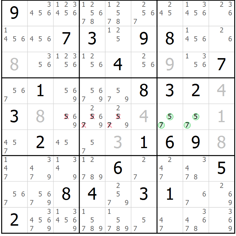 Position des candidats pour la solution de la Gr 43 page 46 du magazine de sudoku Maestro n° 099