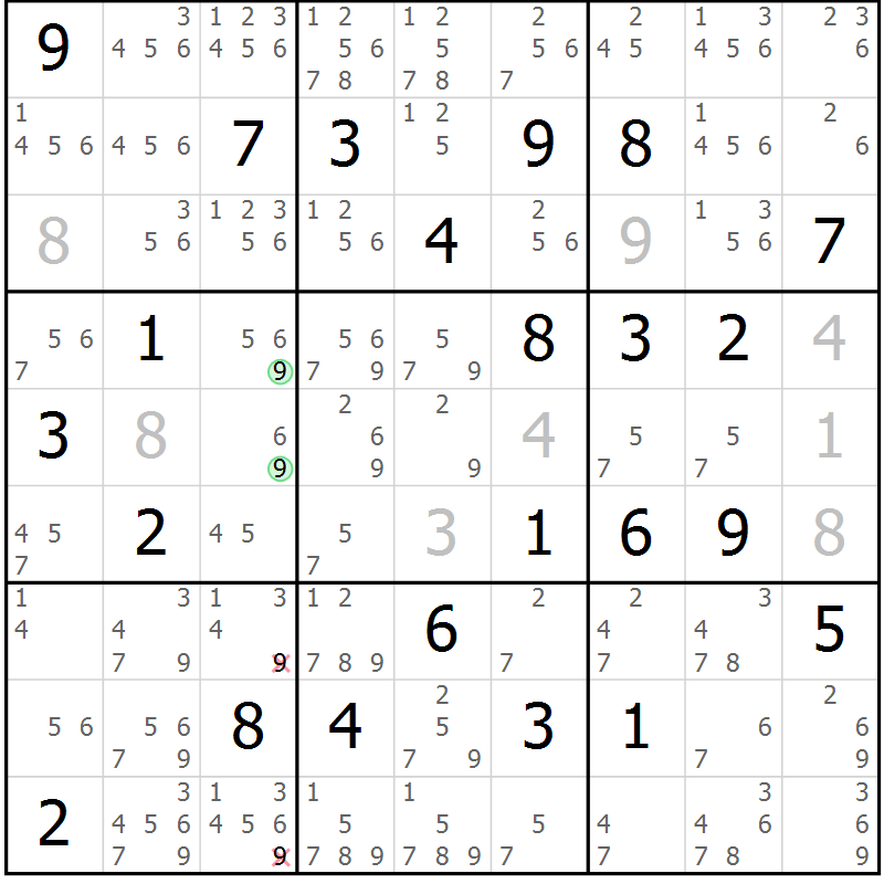 Position des candidats pour la solution de la Gr 43 page 46 du magazine de sudoku Maestro n° 099