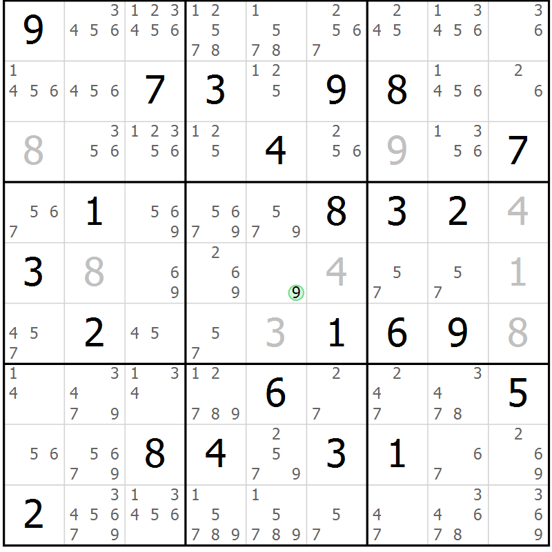 Position des candidats pour la solution de la Gr 43 page 46 du magazine de sudoku Maestro n° 099