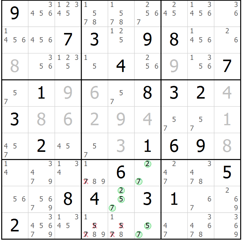 Position des candidats pour la solution de la Gr 43 page 46 du magazine de sudoku Maestro n° 099