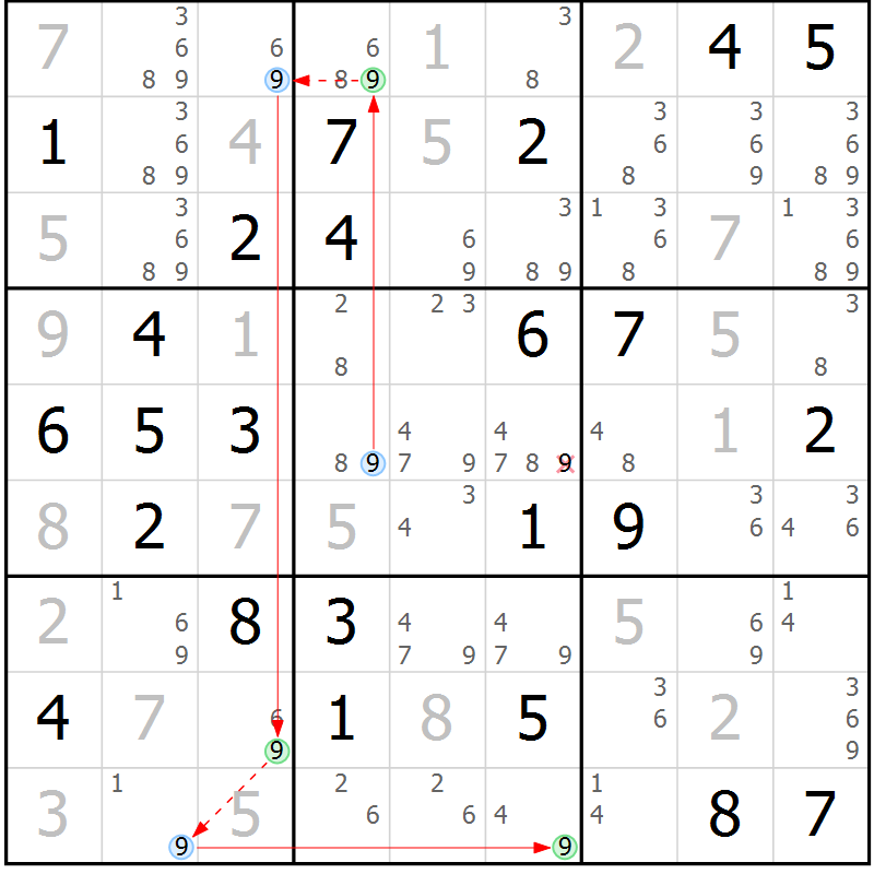 Position des candidats pour la solution de la Gr 48 page 51 du magazine de sudoku Maestro n° 099