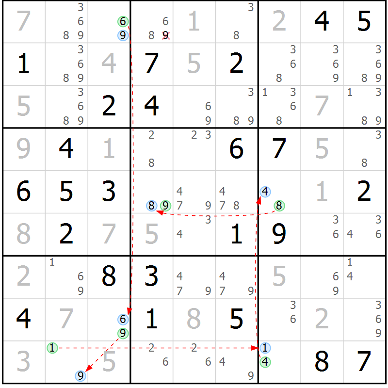 Position des candidats pour la solution de la Gr 48 page 51 du magazine de sudoku Maestro n° 099