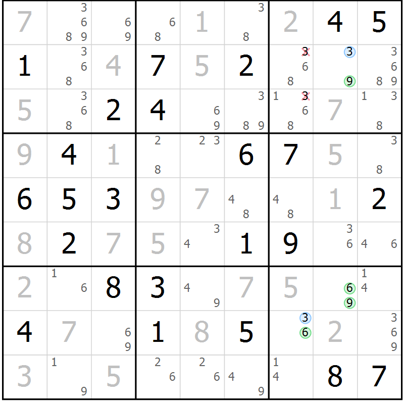 Position des candidats pour la solution de la Gr 48 page 51 du magazine de sudoku Maestro n° 099