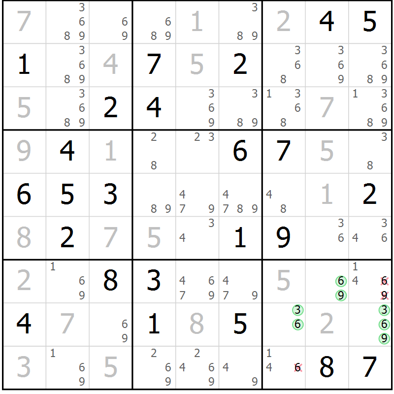 Position des candidats pour la solution de la Gr 48 page 51 du magazine de sudoku Maestro n° 099