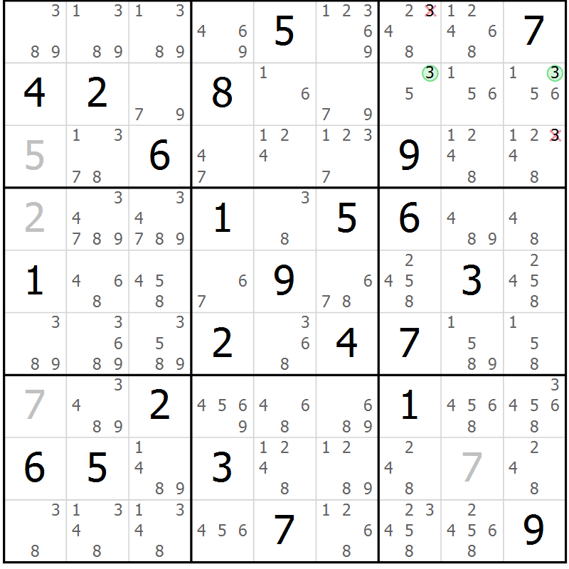 Position des candidats pour la solution de la Gr 49 page 52 du magazine de sudoku Maestro n° 099