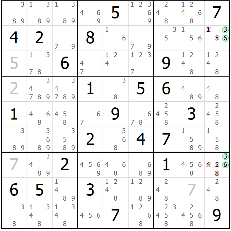 Position des candidats pour la solution de la Gr 49 page 52 du magazine de sudoku Maestro n° 099