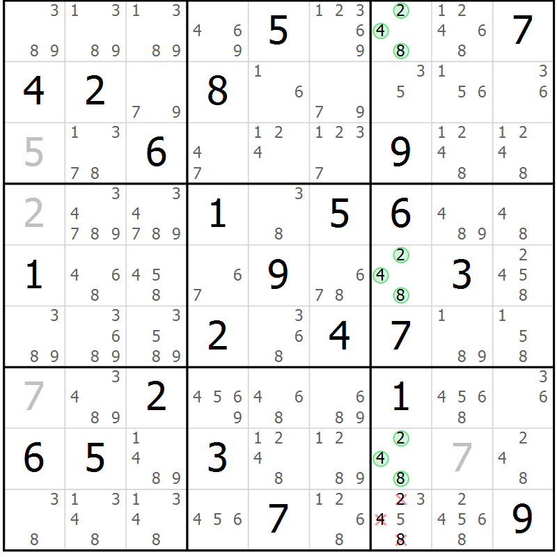 Position des candidats pour la solution de la Gr 49 page 52 du magazine de sudoku Maestro n° 099