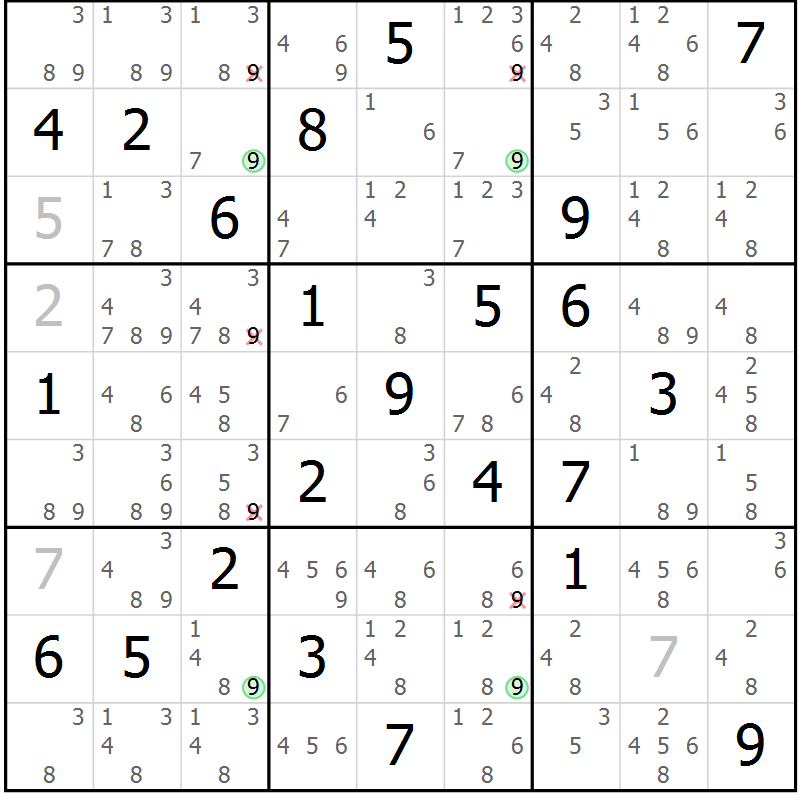 Position des candidats pour la solution de la Gr 49 page 52 du magazine de sudoku Maestro n° 099