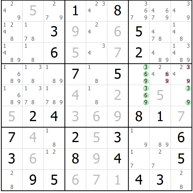 Position des candidats pour la solution de la Gr 5 page 8 du magazine de sudoku Maestro n° 099