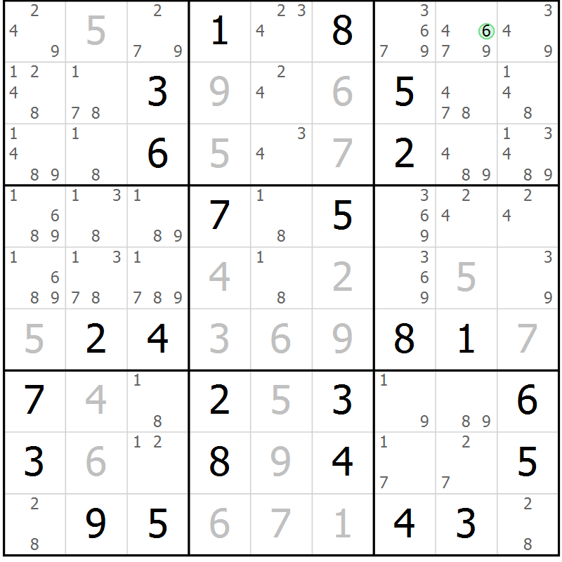 Position des candidats pour la solution de la Gr 5 page 8 du magazine de sudoku Maestro n° 099