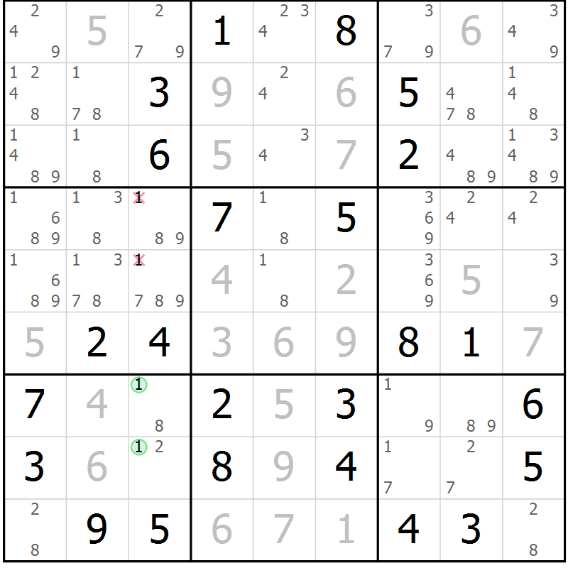 Position des candidats pour la solution de la Gr 5 page 8 du magazine de sudoku Maestro n° 099