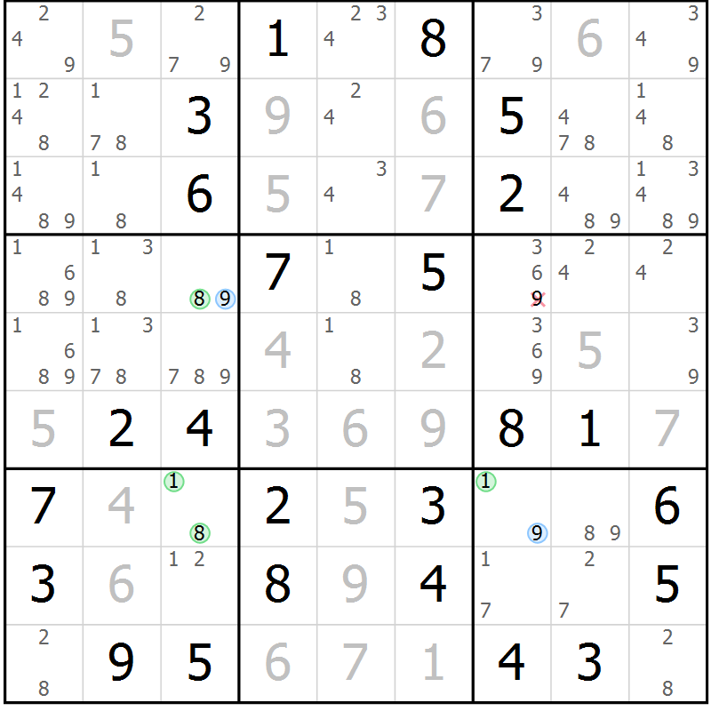 Position des candidats pour la solution de la Gr 5 page 8 du magazine de sudoku Maestro n° 099