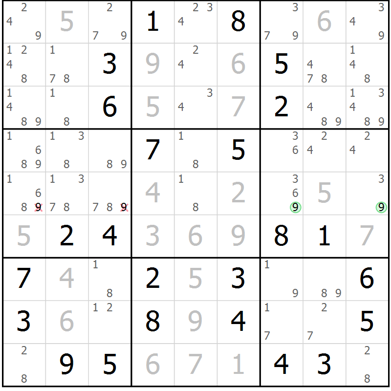 Position des candidats pour la solution de la Gr 5 page 8 du magazine de sudoku Maestro n° 099