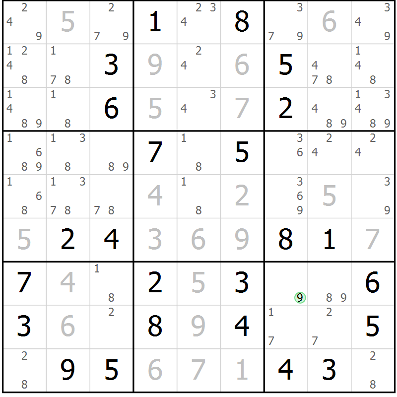 Position des candidats pour la solution de la Gr 5 page 8 du magazine de sudoku Maestro n° 099