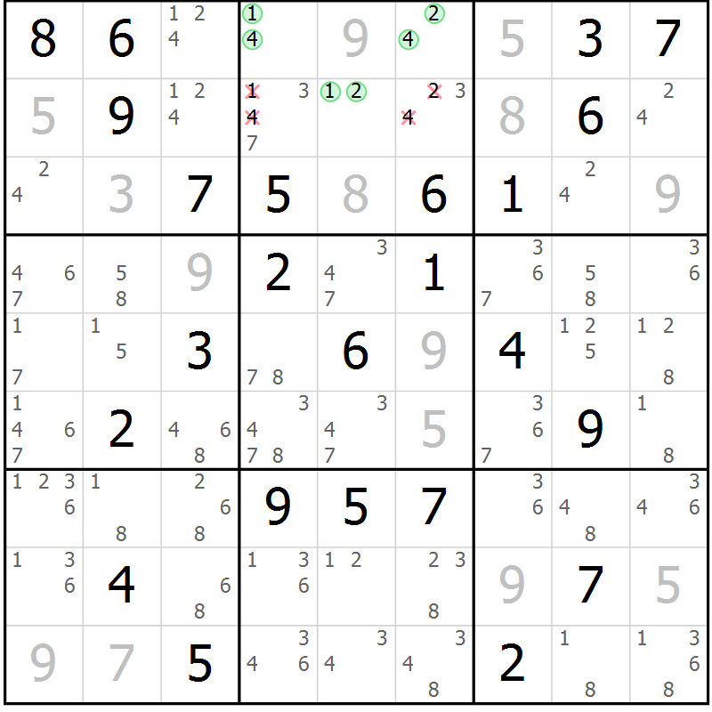 Position des candidats pour la solution de la Gr 50 page 53 du magazine de sudoku Maestro n° 099