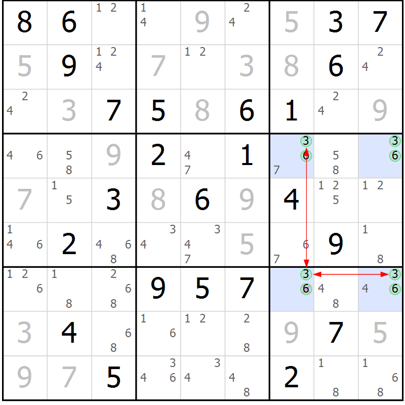Position des candidats pour la solution de la Gr 50 page 53 du magazine de sudoku Maestro n° 099