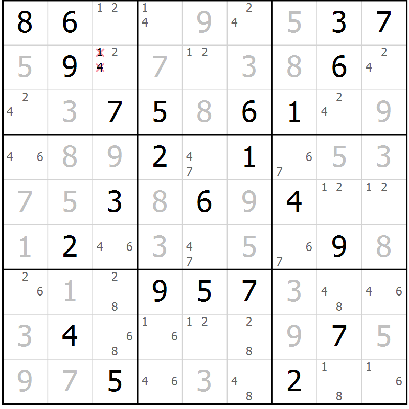 Position des candidats pour la solution de la Gr 50 page 53 du magazine de sudoku Maestro n° 099