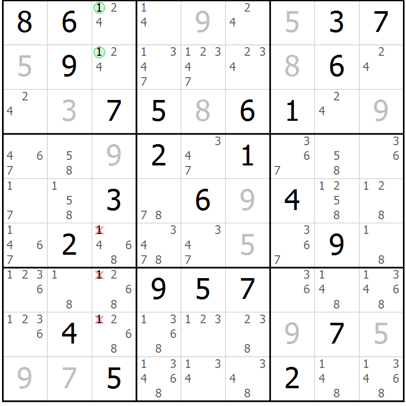 Position des candidats pour la solution de la Gr 50 page 53 du magazine de sudoku Maestro n° 099