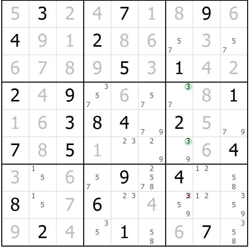 Position des candidats pour la solution de la Gr 51 page 54 du magazine de sudoku Maestro n° 099