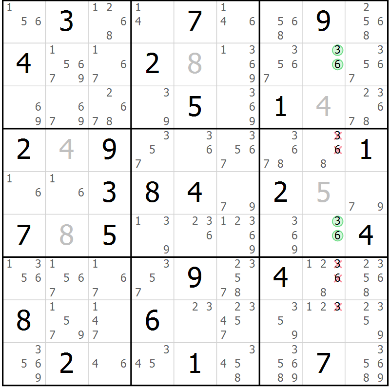 Position des candidats pour la solution de la Gr 51 page 54 du magazine de sudoku Maestro n° 099