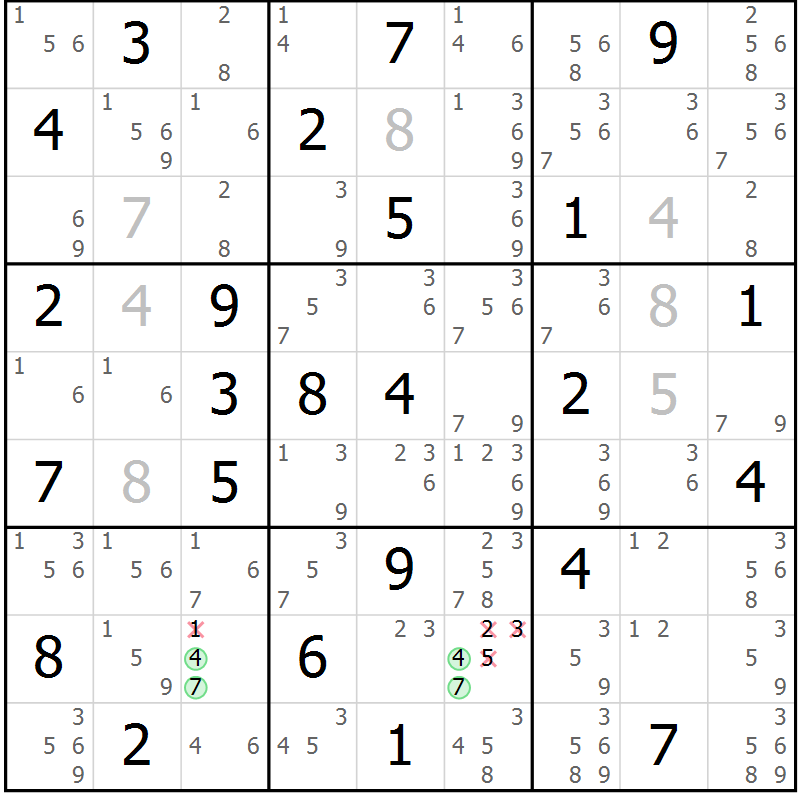 Position des candidats pour la solution de la Gr 51 page 54 du magazine de sudoku Maestro n° 099