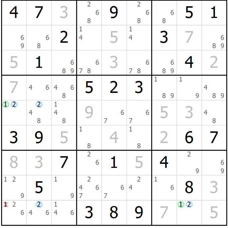 Position des candidats pour la solution de la Gr 52 page 55 du magazine de sudoku Maestro n° 099
