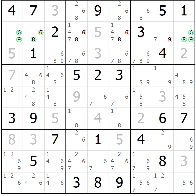 Position des candidats pour la solution de la Gr 52 page 55 du magazine de sudoku Maestro n° 099