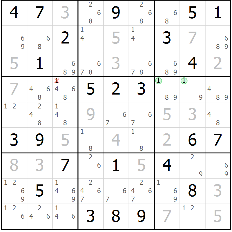 Position des candidats pour la solution de la Gr 52 page 55 du magazine de sudoku Maestro n° 099