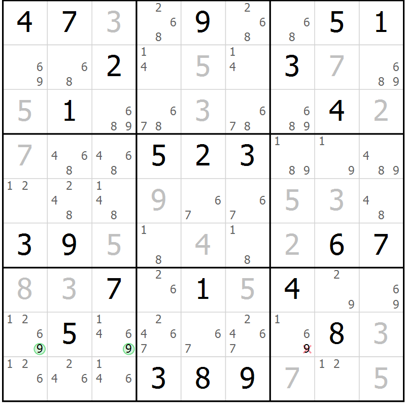 Position des candidats pour la solution de la Gr 52 page 55 du magazine de sudoku Maestro n° 099