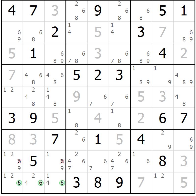Position des candidats pour la solution de la Gr 52 page 55 du magazine de sudoku Maestro n° 099