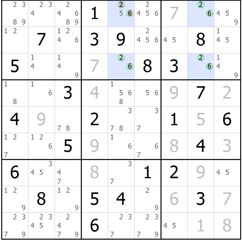 Position des candidats pour la solution de la Gr 53 page 56 du magazine de sudoku Maestro n° 099