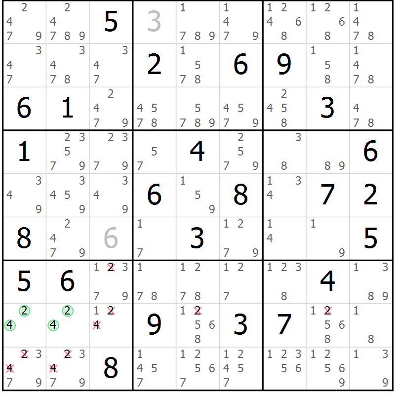 Position des candidats pour la solution de la Gr 54 page 57 du magazine de sudoku Maestro n° 099