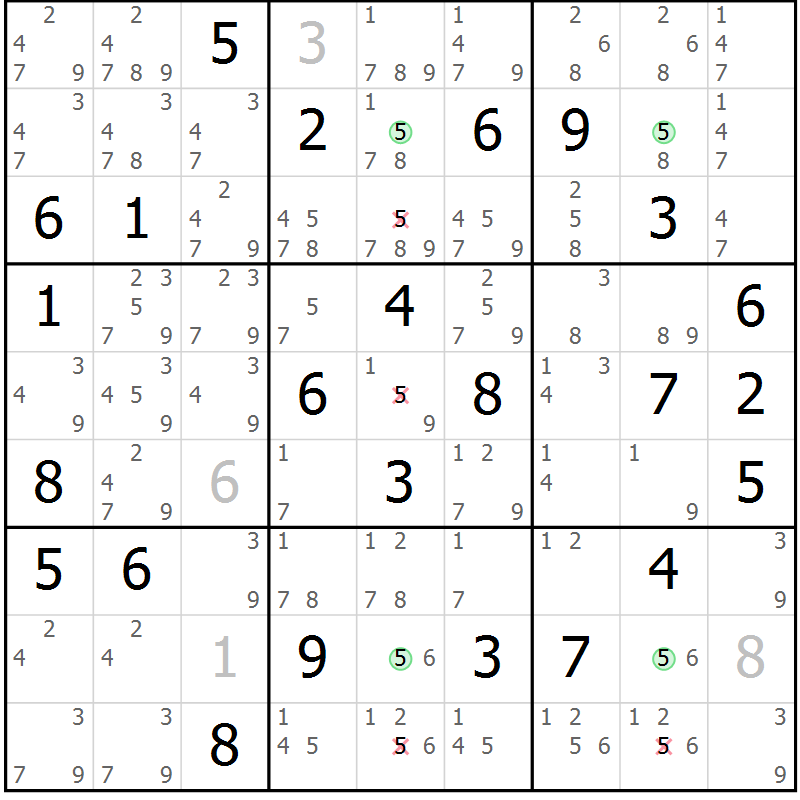 Position des candidats pour la solution de la Gr 54 page 57 du magazine de sudoku Maestro n° 099