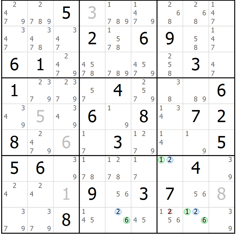 Position des candidats pour la solution de la Gr 54 page 57 du magazine de sudoku Maestro n° 099