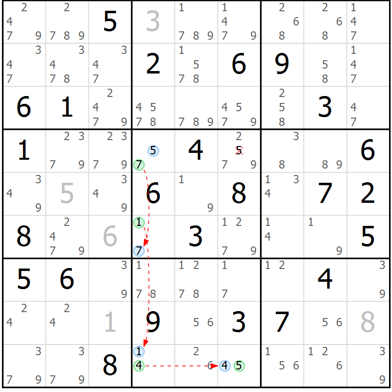 Position des candidats pour la solution de la Gr 54 page 57 du magazine de sudoku Maestro n° 099