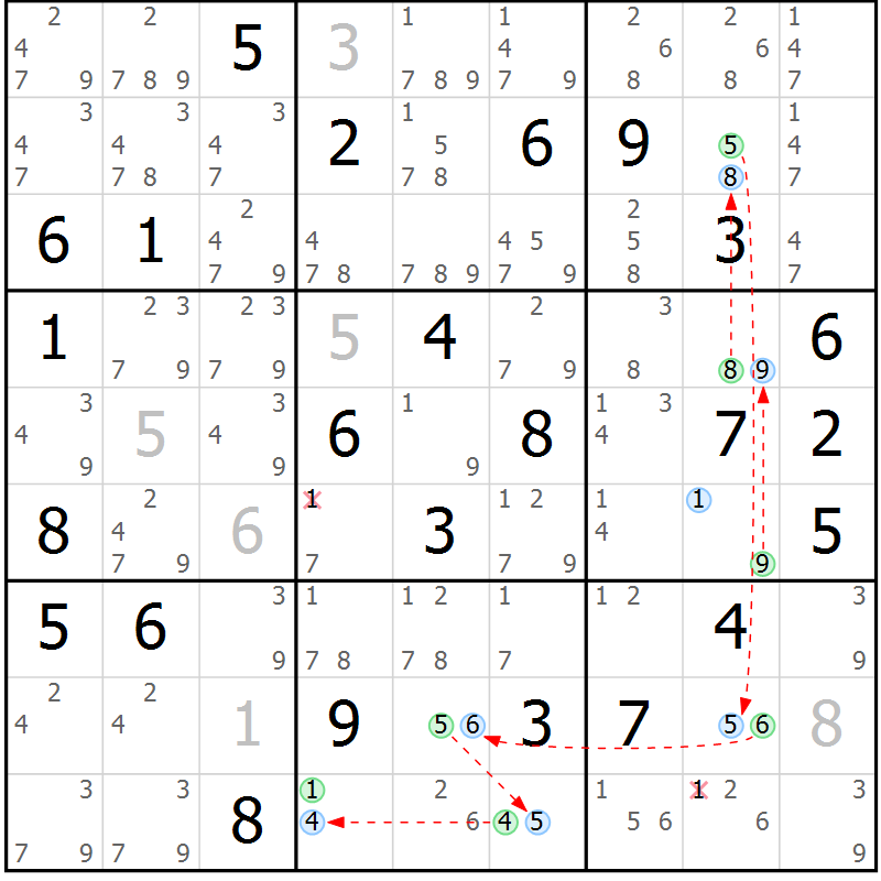 Position des candidats pour la solution de la Gr 54 page 57 du magazine de sudoku Maestro n° 099