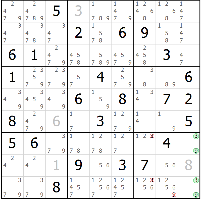 Position des candidats pour la solution de la Gr 54 page 57 du magazine de sudoku Maestro n° 099