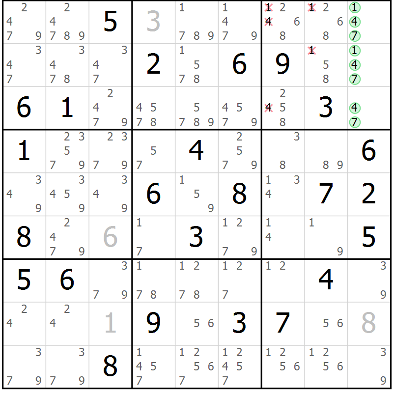 Position des candidats pour la solution de la Gr 54 page 57 du magazine de sudoku Maestro n° 099