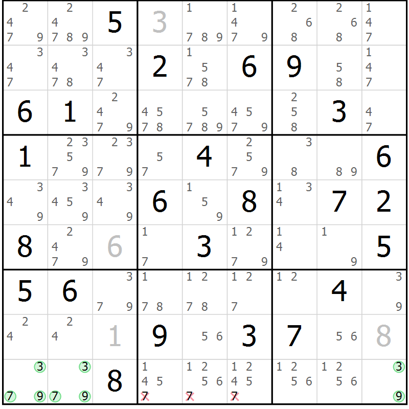 Position des candidats pour la solution de la Gr 54 page 57 du magazine de sudoku Maestro n° 099