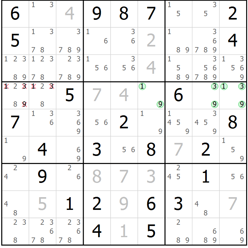 Position des candidats pour la solution de la Gr 55 page 58 du magazine de sudoku Maestro n° 099