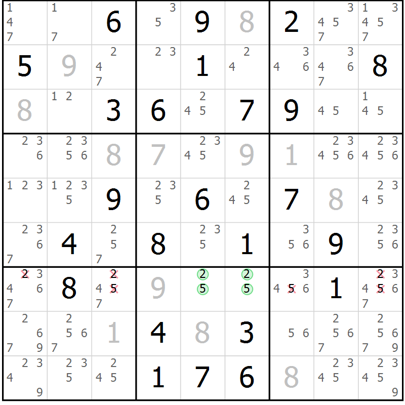 Position des candidats pour la solution de la Gr 57 page 60 du magazine de sudoku Maestro n° 099