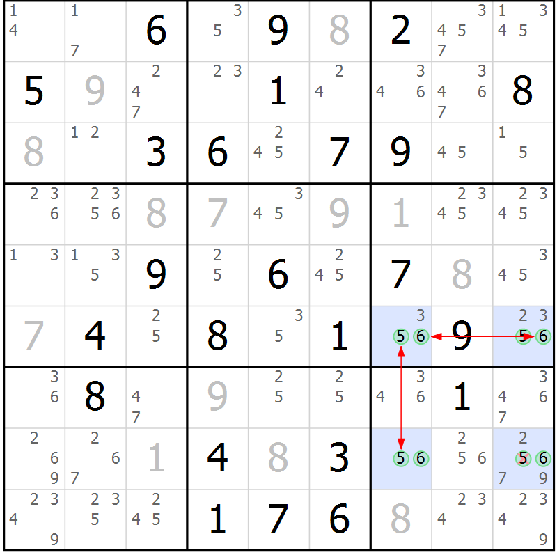 Position des candidats pour la solution de la Gr 57 page 60 du magazine de sudoku Maestro n° 099