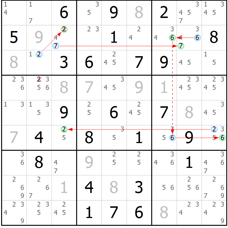 Position des candidats pour la solution de la Gr 57 page 60 du magazine de sudoku Maestro n° 099